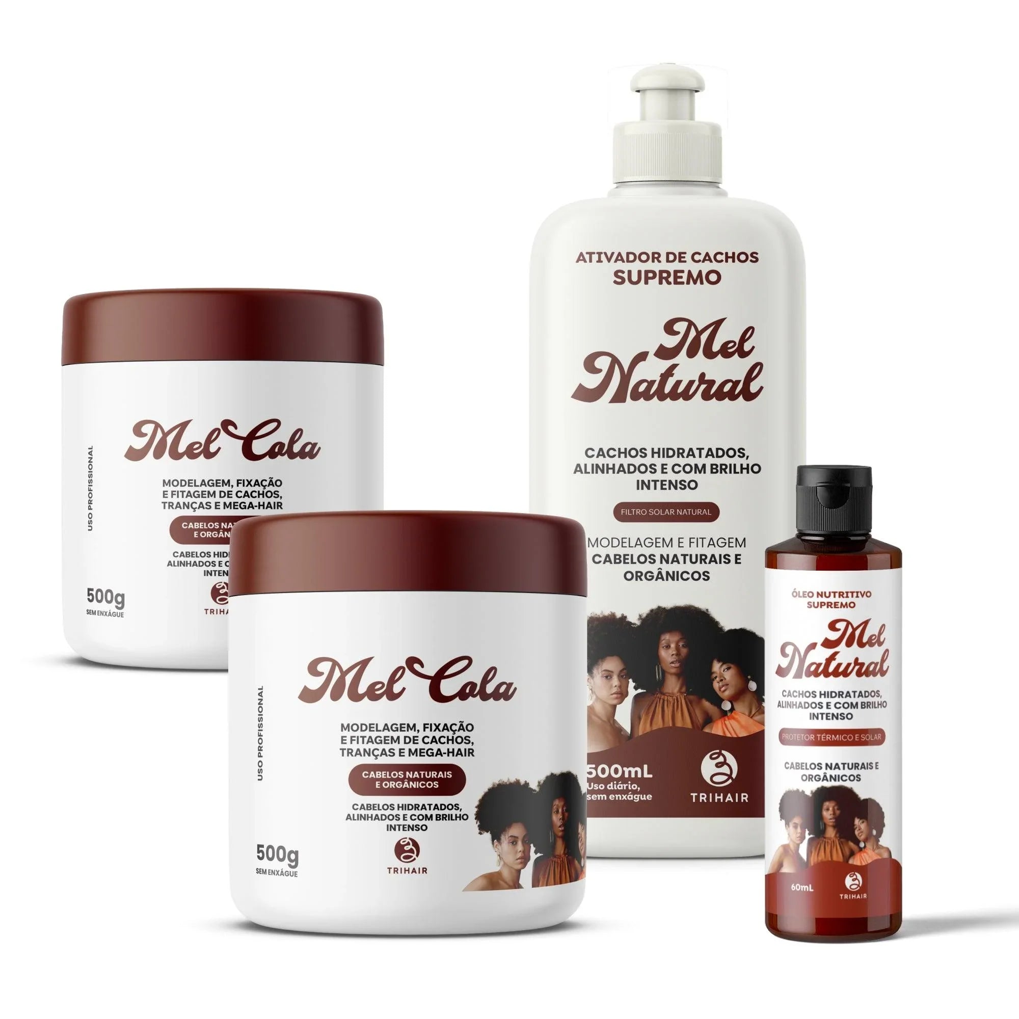 Combo Supremo da Trihair: 2 Mel Cola - 500g + Ativador Mel Natural + Óleo Nutritivo Supremo Mel Natural com Proteção Solar e Térmica - Trihair Cosméticos